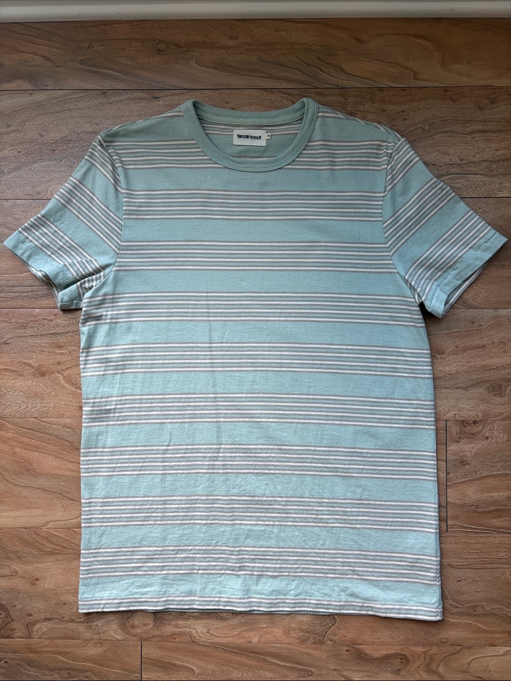 Taylor Stitch Light Blue & White Striped Short Sleeve Tee